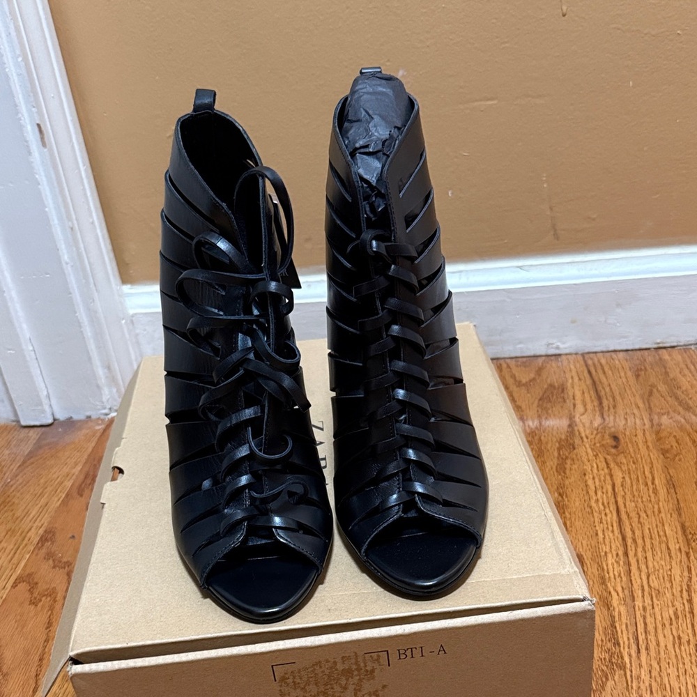 Zara Black Lace-Up Peep Toe Boots